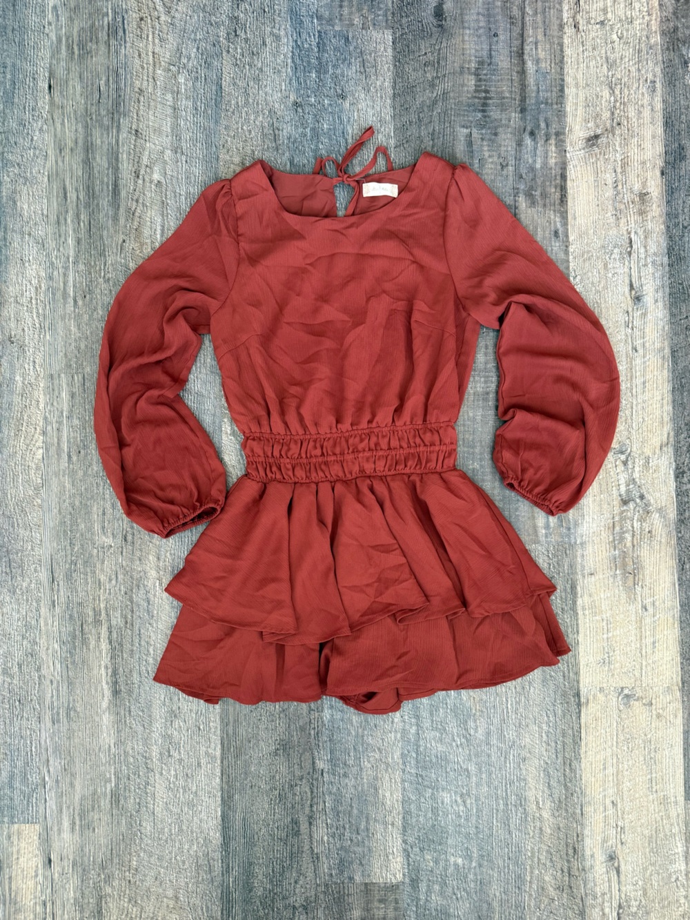 Altar'd State Rust Red Long-Sleeve Smocked Waist Romper Frilly Flounce Sleeve